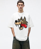 Ghadzi Crazy Wolf Graphic Printed Oversized White Genz T-Shirt