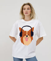 Ghadzi Cute Dog Headphones Oversized White T-Shirt