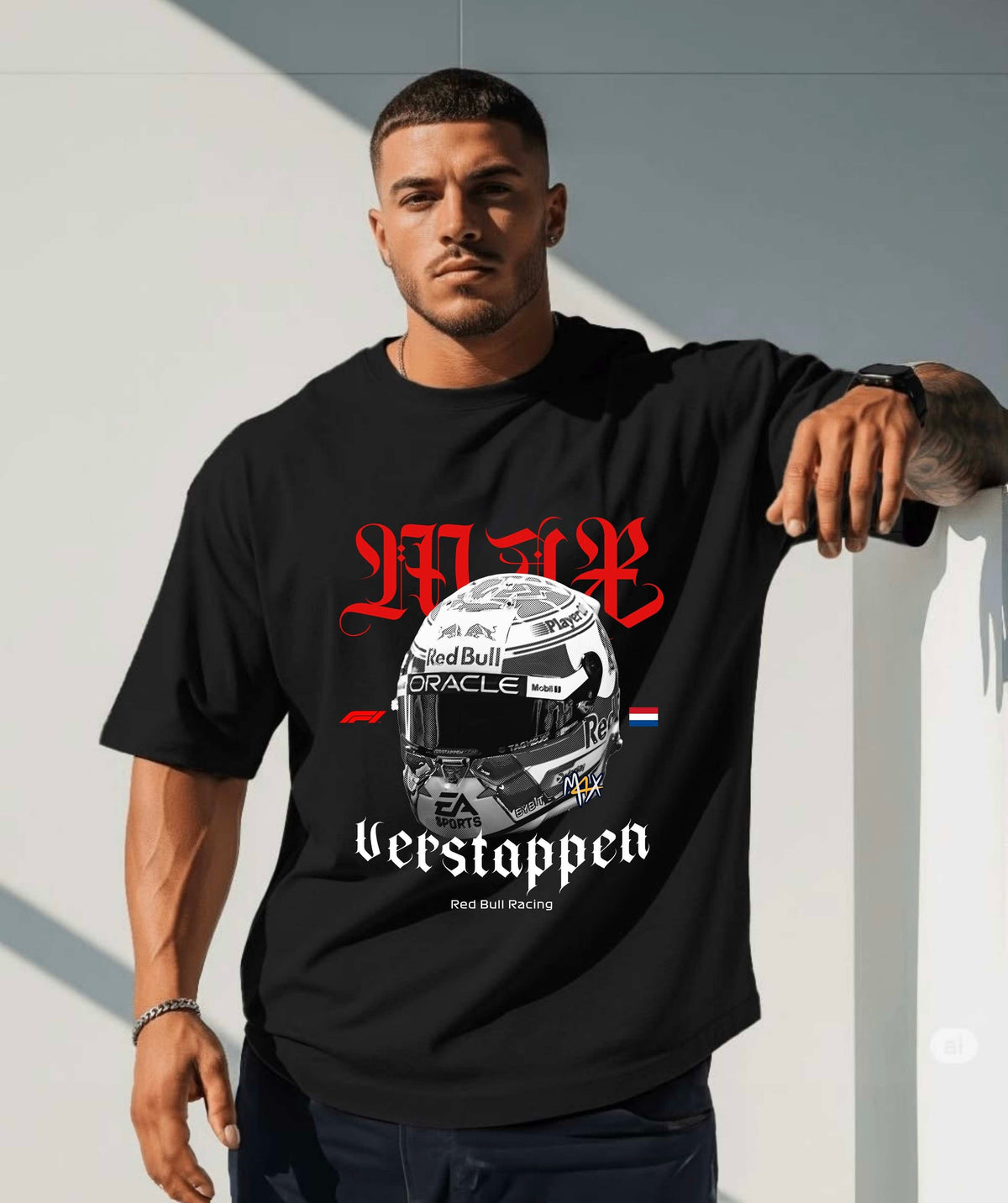 Ghadzi Verstappen F1 Racing Graphic Printed Black Oversized T-Shirt