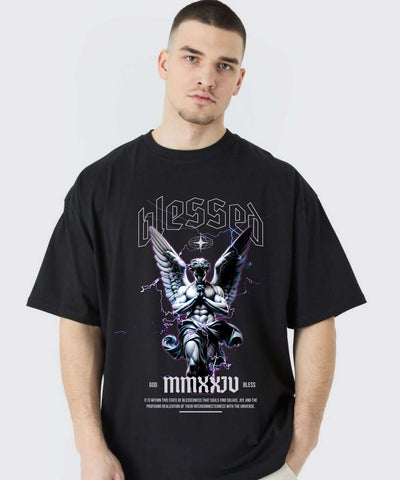 Ghadzi Blessed Angel Graphic Printed Oversized Black T-Shirt