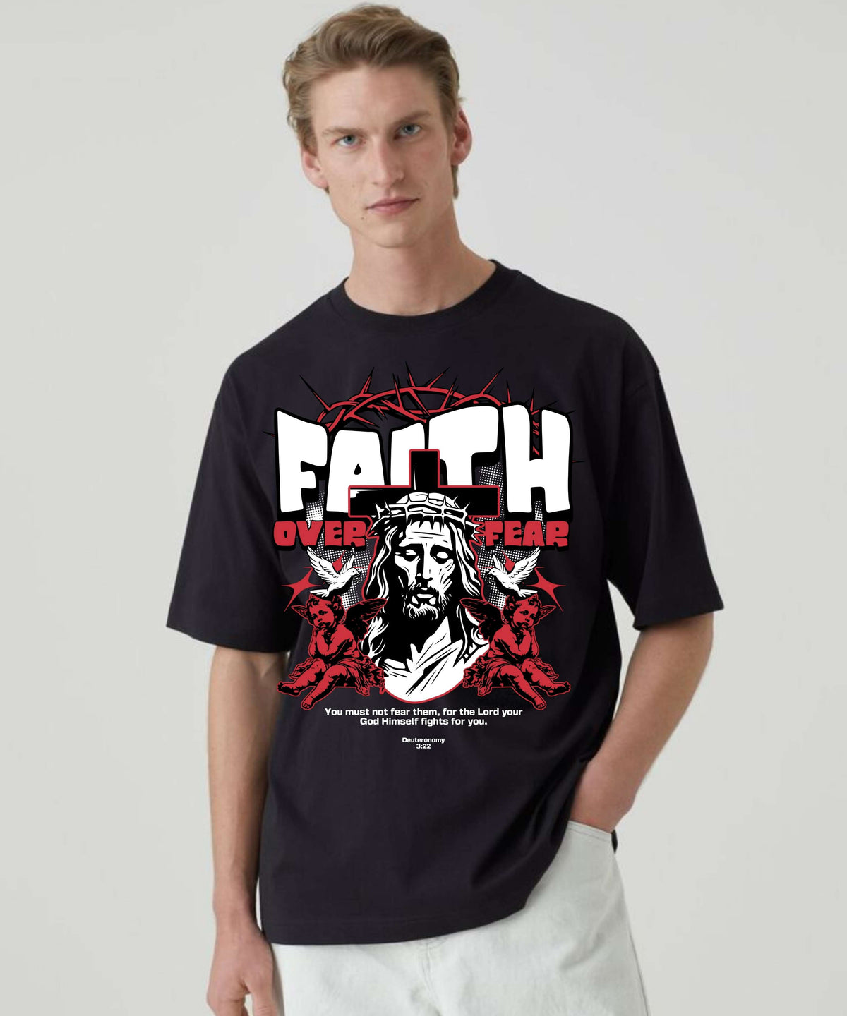 Ghadzi Faith Over Fear Graphic Printed Oversized Black T-Shirt