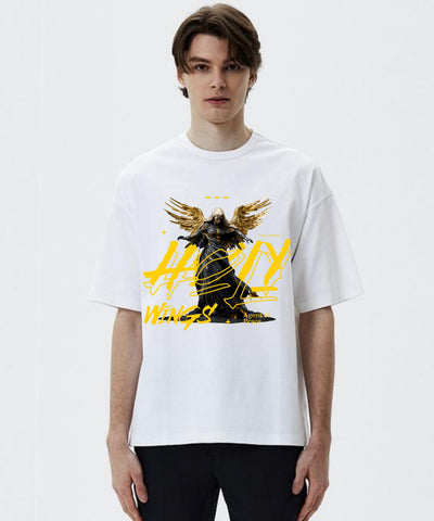 Ghadzi Holy Wings Angle Graphic Printed Oversized White T-Shirt