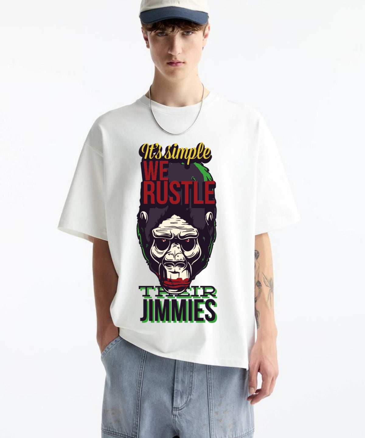 Ghadzi Hustle Gorilla Graphic Printed Oversized White Genz T-Shirt
