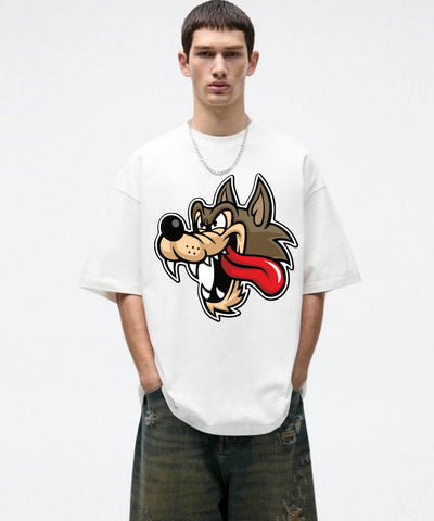 Ghadzi Crazy Wolf Graphic Printed Oversized White Genz T-Shirt