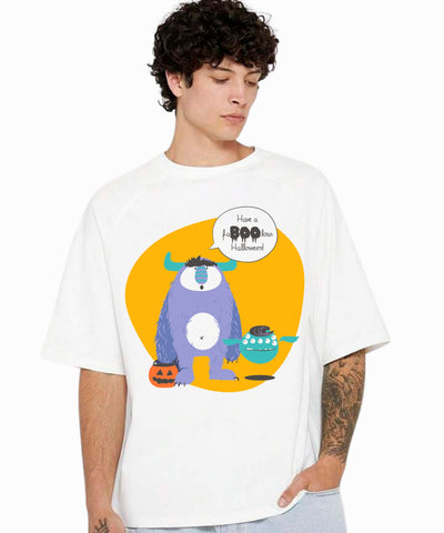 Ghadzi Monster Halloween Graphic Printed Oversized White T-Shirt