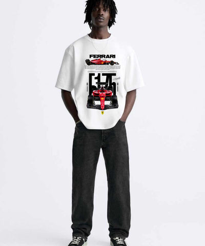 Ghadzi Ferrari F1 Racing Graphic Printed White Oversized T-Shirt