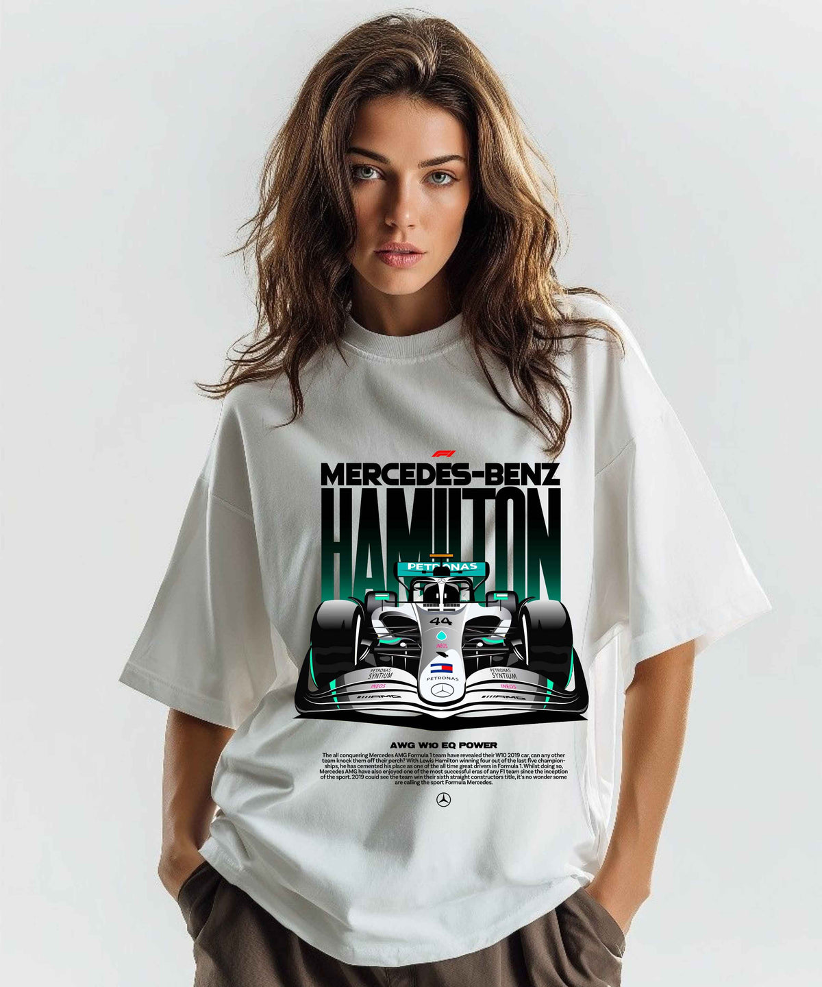 Ghadzi Mercedes-Benz Hamilton Graphic Printed White Oversized T-Shirt