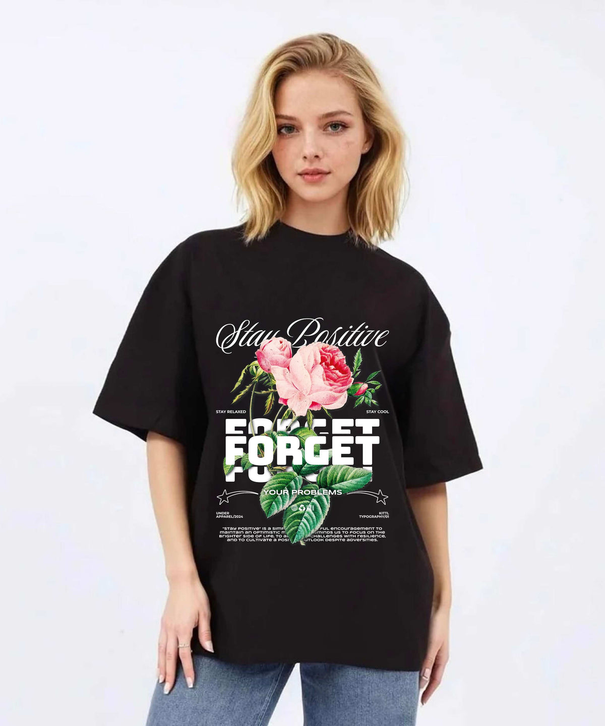 Ghadzi Stay Positive Graphic Printed Oversized Black T-Shirt