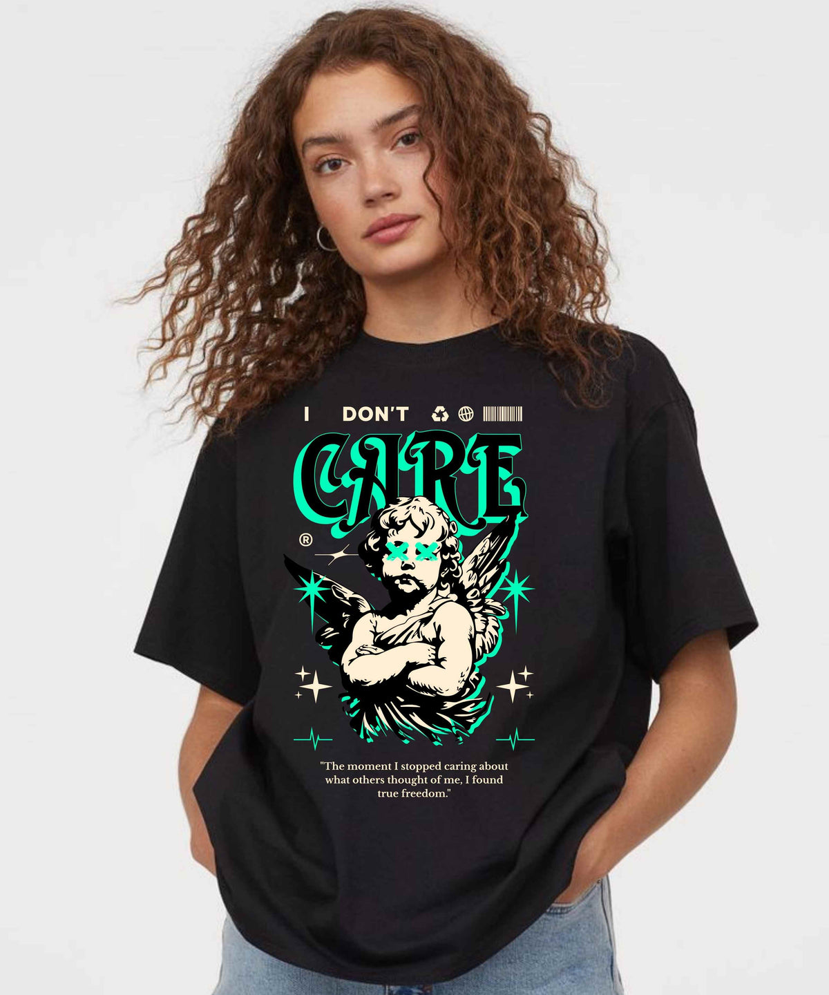 Ghadzi I Don’t Care Graphic Printed Oversized Women Black T-Shirt