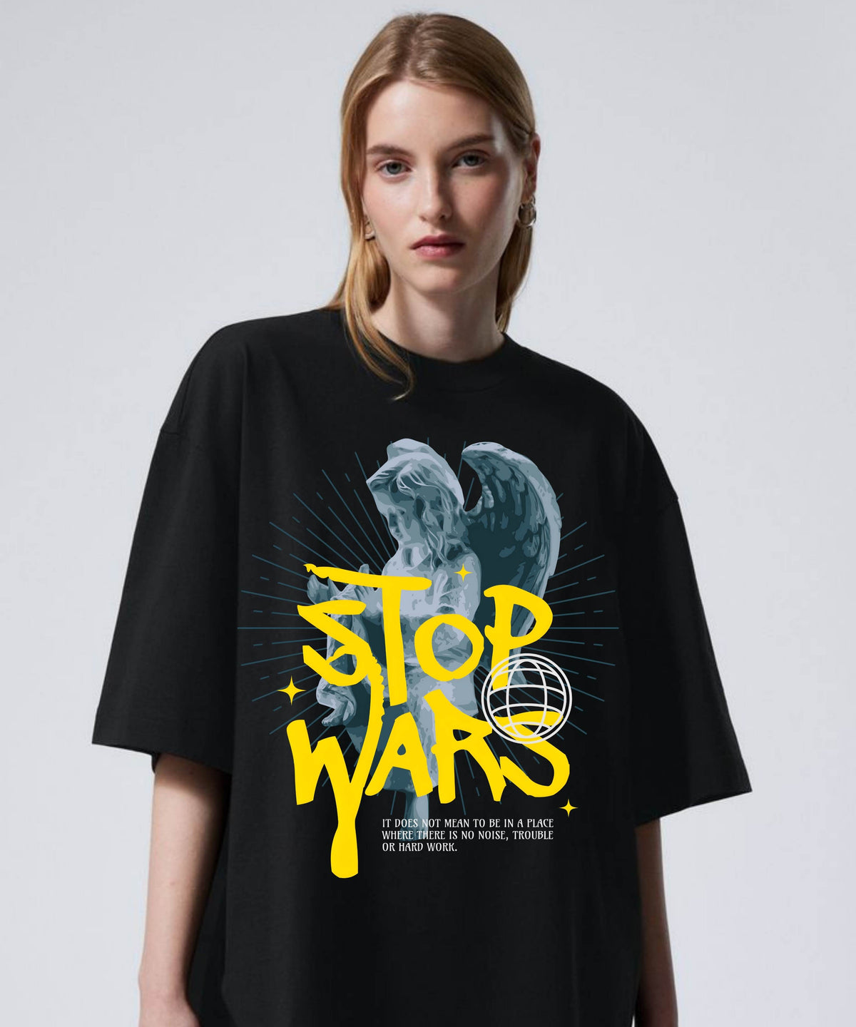 Ghadzi Stop Wars Graphic Printed Oversized Women Black T-Shirt