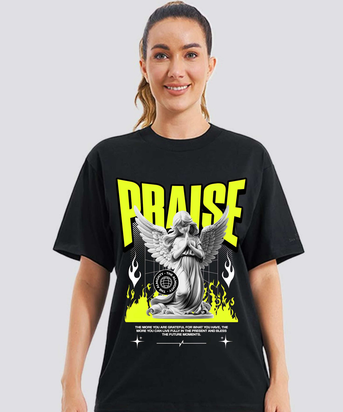 Ghadzi Praise Graphic Printed Oversized Women Black T-Shirt