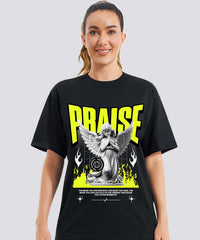 Ghadzi Praise Graphic Printed Oversized Women Black T-Shirt