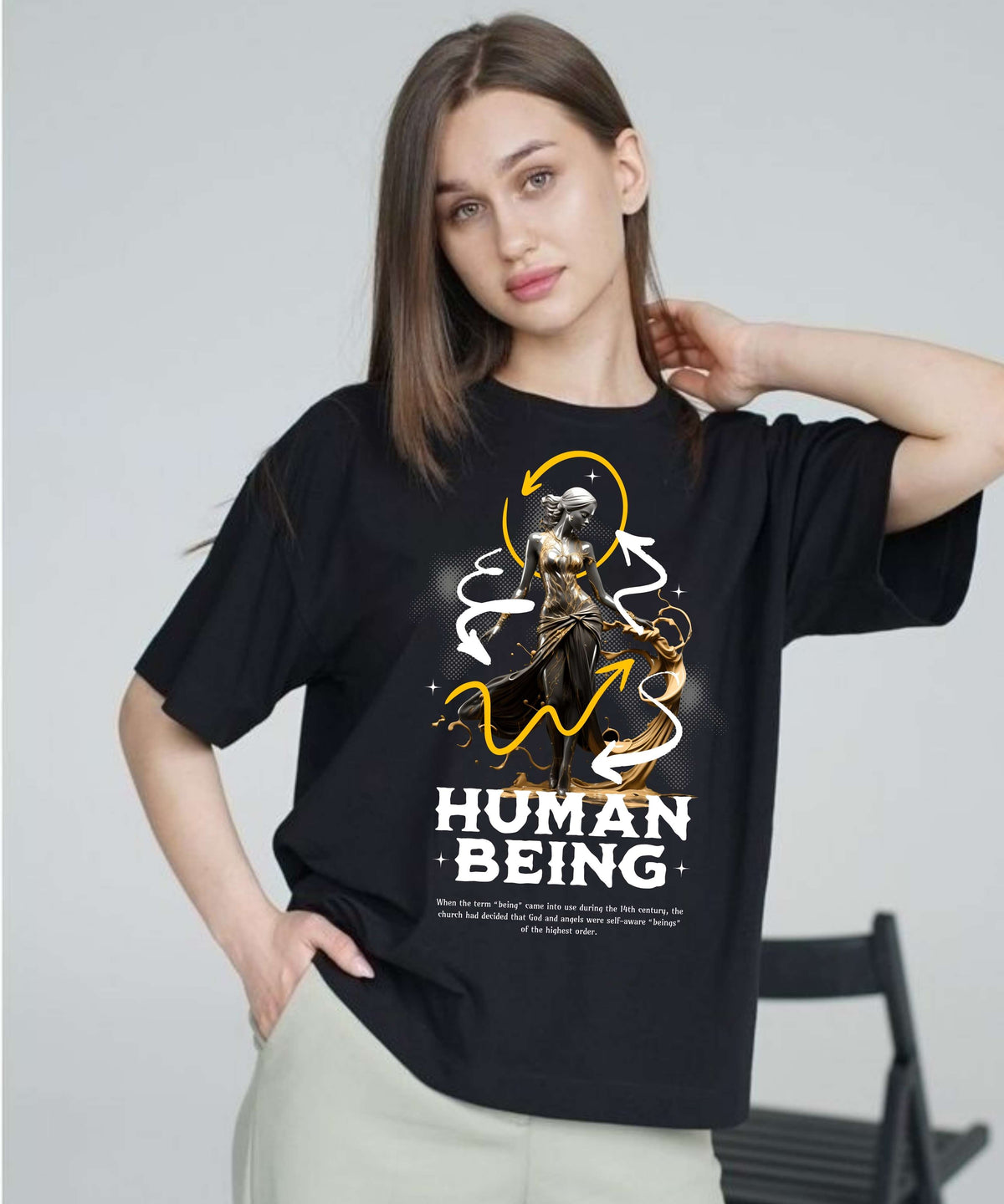 Ghadzi Human Being Graphic Printed Oversized Women Black T-Shirt