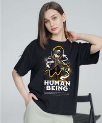 Ghadzi Human Being Graphic Printed Oversized Women Black T-Shirt