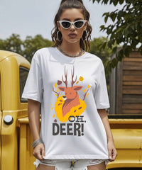 Ghadzi OH Deer Cute Nature Printed Graphic White T-Shirt