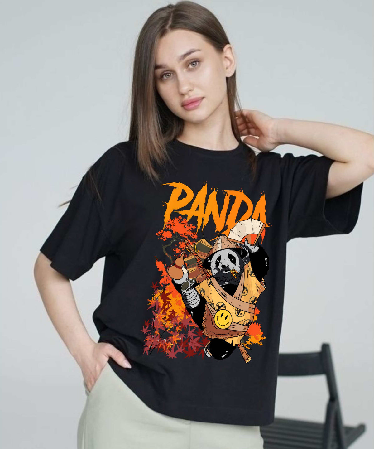 Ghadzi Panda Oversized Black Graphic Women T-Shirt