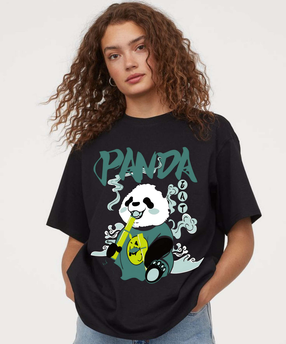 Ghadzi Panda Zat Oversized Black Graphic Women T-Shirt